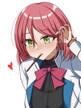 1girl assault_lily black_shirt blush bow bowtie bracelet breasts closed_mouth commentary_request food food_in_mouth green_eyes hair_behind_ear hair_between_eyes hand_up hatsukano_yo heart herensuge_girls_academy_school_uniform highres jacket jewelry large_breasts leaning_forward long_sleeves looking_ahead medium_hair open_clothes open_jacket pocky pocky_in_mouth red_bow red_bowtie red_hair school_uniform shirt simple_background solo tucking_hair upper_body white_background white_jacket yuhana_(lily_yuhana)