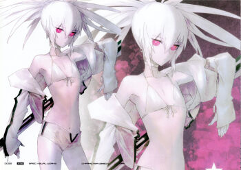 1girl absurdres bikini bikini_top_only black_rock_shooter black_rock_shooter_(game) concept_art flat_chest front-tie_bikini_top front-tie_top highres huke incredibly_absurdres long_hair no_shirt official_art pink_eyes production_art short_shorts shorts swimsuit twintails white_bikini white_hair white_rock_shooter white_shorts