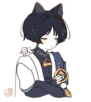 1boy 6seox_gb animal_ears black_bodysuit black_bridal_gauntlets black_hair blue_cape blue_gemstone blunt_ends blush bodysuit bridal_gauntlets cape cat_boy cat_ears closed_eyes closed_mouth colored_skin covered_collarbone cropped_torso crossed_arms facing_to_the_side feathers food furisode gem genshin_impact gold gold_ring grey_sleeves japanese_clothes kimono layered_sleeves male_focus mandarin_collar marshmallow middle_ring open_clothes open_kimono parted_bangs pom_pom_(clothes) scaramouche_(genshin_impact) short_sleeves solo vision_(genshin_impact) wanderer_(genshin_impact) white_background white_kimono white_skin white_sleeves yellow_feathers