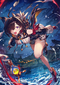 1girl ahoge atelier_(series) atelier_yumia benitama black_hair black_sleeves brown_shoes commentary_request copyright_notice detached_sleeves dress flammi_(atelier) gloves highres looking_at_viewer mole mole_under_eye official_art open_mouth purple_eyes red_gloves shoes short_dress short_hair smile water white_dress yumia_liessfeldt