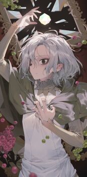 1boy absurdres bags_under_eyes black_eyes broken broken_glass cloak clutching_chest crack cracked_glass dungeon_meshi elf food fruit gem glass glass_shards gorget grapes green_cloak green_shirt grey_hair hand_up highres hood hooded_cloak long_sleeves looking_at_viewer male_focus maratang mithrun notched_ear one_eye_closed picture_frame pointy_ears shards shattered shirt short_hair solo tunic upper_body wavy_hair