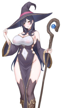 1girl absurdres black_hair black_thighhighs breasts brown_eyes cleavage commentary covered_navel detached_sleeves dress fantasy fukuiii0110 hat highres holding holding_staff large_breasts long_hair original paid_reward_available pelvic_curtain solo staff strapless strapless_dress thighhighs white_background witch_hat