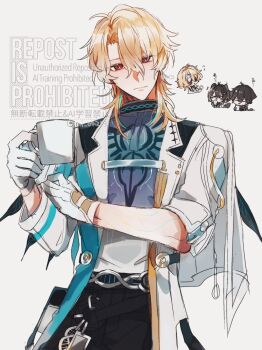 1girl 2boys black_pants blonde_hair coat commentary_request cowboy_shot cup dual_persona female_rover_(wuthering_waves) gloves gradient_clothes gradient_shirt hair_between_eyes highres holding holding_cup long_hair looking_at_viewer luuk_herssen_(wuthering_waves) male_focus male_rover_(wuthering_waves) mi_08215 multicolored_hair multiple_boys orrrromi pants red_eyes rover_(wuthering_waves) shirt solo solo_focus streaked_hair watermark white_coat white_gloves wuthering_waves