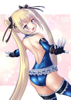1girl ass back bare_shoulders black_ribbon blonde_hair blue_eyes blue_one-piece_swimsuit blue_thighhighs blush breasts dead_or_alive dead_or_alive_6 detached_sleeves frilled_one-piece_swimsuit frills gloves gradient_background hair_ornament hair_ribbon kasabou long_hair looking_at_viewer marie_rose marie_rose_(devilish_servant_against_the_splashing_waves) one-piece_swimsuit pink_background ribbon small_breasts solo swimsuit thighhighs twintails white_background x_hair_ornament