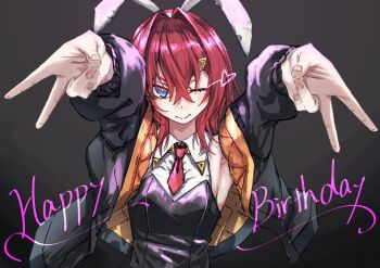 1girl absurdres ange_katrina animal_ear_hairband animal_ears armpits arms_up black_jacket blue_eyes breasts bright_pupils closed_mouth commentary_request crossed_bangs double_gyaru_v english_text fake_animal_ears grey_background gyaru_v hair_between_eyes hair_intakes hair_ornament hairband happy_birthday heart highres jacket kuromu long_bangs long_sleeves looking_at_viewer medium_hair multicolored_eyes necktie nijisanji nontraditional_playboy_bunny official_alternate_costume one_eye_closed open_clothes open_jacket orange_jacket purple_eyes quilted_jacket rabbit_ear_hairband rabbit_ears red_hair red_necktie shirt short_necktie sleeveless sleeveless_shirt small_breasts smile solo split_mouth straight-on triangle_hair_ornament two-sided_fabric two-sided_jacket two-tone_eyes upper_body v virtual_youtuber white_hairband white_pupils white_shirt wink_heart wolf_cut