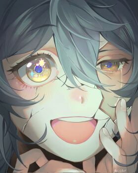 1boy alicevseliet arms_up broken_mask crack cracked_kawaii_mask crying crying_with_eyes_open double-parted_bangs eyelashes grey_hair hair_between_eyes hand_on_own_face hashtag-only_commentary highres honkai:_star_rail honkai_(series) male_focus mask open_mouth portrait smile solo sparkling_eyes streaming_tears sunday_(honkai:_star_rail) tears teeth tongue upper_teeth_only