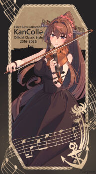 1girl absurdres alternate_headgear black_dress bow_(music) breasts brown_hair cherry_blossoms commentary_request copyright_name dress flower hair_between_eyes hair_flower hair_intakes hair_ornament headgear highres himeyamato holding holding_instrument holding_violin instrument kantai_collection large_breasts long_hair music official_alternate_costume playing_instrument ponytail sidelocks sleeveless sleeveless_dress smile solo very_long_hair violin yamato_(kancolle) yamato_(orchestra_dress)_(kancolle)