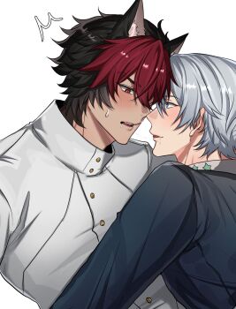2boys animal_ears black_hair blush chef commentary_request dog_boy dog_ears face-to-face grey_hair highres implied_kiss kairizz551 komano_manato male_focus multicolored_hair multiple_boys muscular muscular_male red_hair saliva saliva_trail wise_(zenless_zone_zero) yaoi zenless_zone_zero