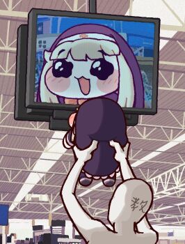 1girl black_coif black_dress black_veil blonde_hair blush blush_stickers bow chibi coif commentary_request dress highres holding meme nun nun_headdress obake_sakana pleading_eyes showing_baby_to_a_supermarket_camera_(meme) speaki_(trickcal) speakiposting_(meme) translation_request trickcal veil viewer_self-insert walmart wavy_eyes