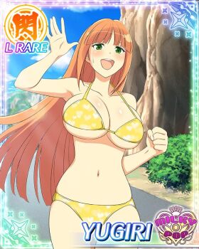 1girl :d bikini border breasts bush card_(medium) cleavage day english_text exercising game_cg green_eyes groin heart heart_print hime_cut large_breasts looking_at_viewer navel non-web_source official_alternate_costume official_art open_mouth orange_hair outdoors road running senran_kagura senran_kagura_new_wave skindentation smile solo sweat swimsuit waving yellow_bikini yugiri_(senran_kagura)