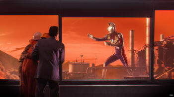 Rule 34 | 295609159hhj, 4boys, absurdres, alien, armor, blue skin, blurry, breastplate, carrying over shoulder, color timer, colored skin, commentary, compound eyes, crystal, depth of field, dorsal fin, feet out of frame, figure (medium), forehead jewel, giant, giant male, glowing, glowing eyes, hands up, hard hat, helmet, highres, hunched over, legs apart, looking ahead, male focus, mars (planet), multicolored skin, multiple boys, no pupils, open hands, orange sky, outstretched arm, pectorals, photo (medium), photoshop (medium), red skin, silver skin, sky, solo focus, standing, tokusatsu, toned, toned male, ultra series, ultraman dyna, ultraman dyna (flash type), ultraman dyna (series), white eyes, white helmet, wrinkled skin, yellow helmet