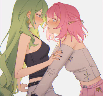 2girls alternate_costume alternate_hair_length alternate_hairstyle belt black_belt black_nails black_tank_top blue_eyes breasts earrings elf elysia_(honkai_impact) green_hair grey_background grey_shirt grey_skirt hashtag-only_commentary highres honkai_(series) honkai_impact_3rd imminent_kiss jewelry long_hair medium_breasts mobius_(honkai_impact) multiple_girls pink_hair pink_skirt pointy_ears rena_(rrena) shirt short_hair simple_background skirt tank_top very_long_hair yuri