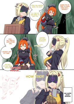 2girls absurdres blonde_hair blush breasts dragon_girl dragon_horns dragon_tail green_eyes highres horns implied_fellatio large_breasts long_hair mechanical_tail multiple_girls open_mouth orange_hair orphie_magnusson pointy_ears ponytail sideboob simple_background sunoyukey tail thick_thighs thighhighs thighs trigger_(zenless_zone_zero) twintails white_background zenless_zone_zero