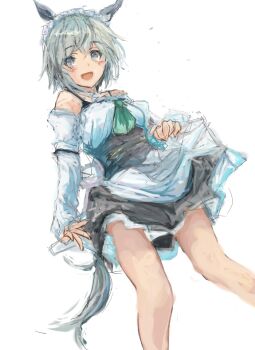 1girl animal_ears bare_shoulders black_corset blue_eyes blush breasts corset dress green_neckerchief grey_hair hair_between_eyes horse_ears horse_girl horse_tail looking_at_viewer maid_headdress neckerchief open_mouth seiun_sky_(umamusume) short_hair simple_background small_breasts smile solo tail umamusume white_background white_dress yanagi_wakana