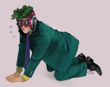 1boy all_fours blush cyborg f-zero formal_clothes full_body goggles green_hair microphone monkii_(mjooolnina) mr._zero_(f-zero) necktie nintendo open_mouth shoes solo suit sweatdrop wavy_hair