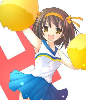00s 1girl blue_skirt blush bob_cut breasts brown_hair cheerleader chuujou_kagetsu collarbone h_(letter) hairband looking_at_viewer medium_breasts open_mouth pom_pom_(cheerleading) reference_work shirt short_hair simple_background skirt sleeveless sleeveless_shirt smile standing suzumiya_haruhi suzumiya_haruhi_no_yuuutsu white_background white_shirt yellow_eyes