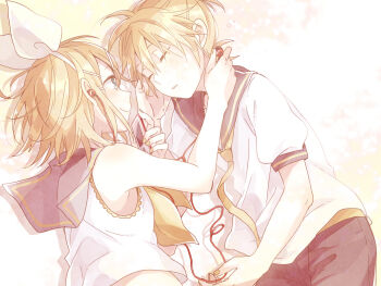 1boy 1girl blonde_hair blue_eyes bow brother_and_sister earphones closed_eyes hair_bow hair_ornament hairclip highres kagamine_len kagamine_rin looking_at_another lying on_side sailor_collar sharing short_hair siblings simple_background sleeping sleeveless smile suzumi_(fallxalice) twins vocaloid
