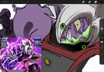 1boy art_program_in_frame black_bodysuit bodysuit colored_sclera colored_skin crazy_eyes crazy_smile dragon_ball dragon_ball_legends dragon_ball_super earrings fused_zamasu green_skin grey_eyes grin heterochromia jewelry king_omikuji melting mismatched_pupils mismatched_sclera multicolored_skin mutation pointy_ears potara_earrings purple_skin red_eyes sharp_teeth smile solo spiked_hair teeth unfinished white_hair yellow_sclera