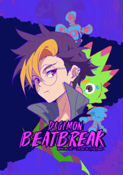 2boys arm_up artist_name black_eyes blonde_hair blue_background collared_jacket commentary copyright_name cropped_shoulders digimon digimon_(creature) digimon_beatbreak ear_piercing english_commentary gecko gekkomon glasses grey_jacket jacket kariki_hajime looking_at_viewer male_focus mole mole_under_mouth multicolored_hair multiple_boys official_art piercing popped_collar purple_background purple_hair red_eyes round_eyewear short_hair slit_pupils spiked_hair tenma_tomoro two-tone_background two-tone_hair