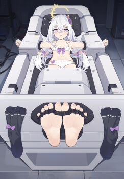 1girl absurdres azusa_(blue_archive) barefoot blue_archive bound bound_toes feet female_focus flower foot_focus hair_flower hair_ornament highres juzi_(orange8619) long_hair looking_at_viewer lying machine notice_lines purple_eyes restrained soles solo spread_toes stationary_restraints tagme toes white_hair