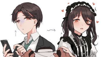 2boys arrow_(symbol) before_and_after blush brown_hair cellphone collared_shirt commentary_request crossdressing crossdressing_(mtf) dot_nose dress frilled_dress frills green_necktie grey_jacket grey_ribbon hair_between_eyes hand_on_own_arm hands_up heart holding holding_phone jacket juliet_sleeves long_hair long_sleeves looking_at_viewer maid maid_headdress male_focus motion_lines multiple_boys neck_ribbon necktie orange_eyes original parted_lips partial_commentary phone pov pov_hands puffy_sleeves ribbon saliva shirt short_hair shy sidelocks simple_background smartphone sunaba_(nczd5875) sweatdrop translated trap trembling twintails upper_body white_background white_dress white_shirt