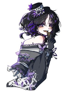 Rule 34 | 1girl, bare shoulders, black gloves, black hair, black hat, black kimono, bug, butterfly, butterfly hair ornament, butterfly hat ornament, card, flower, from behind, gloves, hair ornament, hand up, hashtag-only commentary, hat, hat flower, hat ornament, highres, holding, holding card, housho margo, insect, japanese clothes, kimburgertwo, kimono, lolita fashion, long sleeves, looking at viewer, looking back, mahou shoujo no majo saiban, mini hat, mini top hat, open mouth, parted bangs, purple butterfly, purple eyes, short hair, smile, solo, top hat, upper body, wa lolita