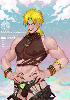 1boy abs absurdres bandaid blonde_hair bracelet character_name chinese_commentary commentary copyright_name dio_brando earrings face_piercing gold_bracelet gold_necklace highres jewelry jojo_no_kimyou_na_bouken lip_piercing muscular muscular_male necklace nipple_piercing piercing red_eyes ring solo stardust_crusaders stone_mask_(jojo) veela veins veiny_arms