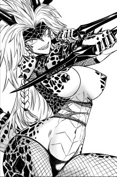 1girl bare_shoulders big_hair black_scales braid breasts breasts_out clothing_cutout cowboy_shot dual_wielding fishnet_leggings fishnet_top fishnets forehead grin hair_ornament highres holding holding_knife holding_weapon horns knife large_breasts lizard_tail long_hair looking_at_viewer monochrome monster_girl navel one-punch_man panties reptera_(one-punch_man) reptile_girl saizuart sharp_teeth shoulder_cutout side_braids smile solo spikes tail teeth thighs torn_clothes twin_braids twitter_username underboob underwear very_long_hair weapon