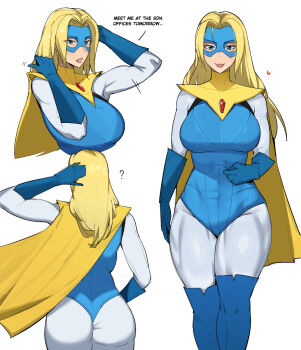 1girl ? ass back blonde_blazer blonde_hair blue_bodysuit blue_eyes blue_gloves blue_leotard blue_mask bodysuit brooch cape commentary dispatch domino_mask dr_octojuice english_commentary english_text eye_mask from_behind gloves heart jewelry leotard long_hair mask multiple_views muscular muscular_female smile solo superhero_costume thick_thighs thighs white_background white_bodysuit yellow_cape