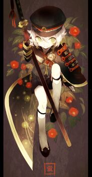 1boy alt_(apou) armor black_hat black_shoes black_shorts closed_mouth crossed_bangs flower green_eyes grey_socks hair_between_eyes hat highres holding holding_weapon hotarumaru japanese_armor japanese_clothes leaf legwear_garter male_focus ootachi pillarboxed red_flower shoes shorts shoulder_armor simple_background socks sode solo touken_ranbu weapon