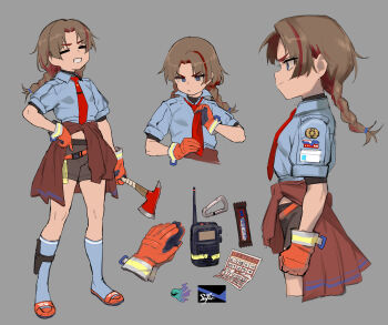 1girl adjusting_clothes adjusting_necktie atte_nanakusa axe blue_eyes blue_shirt blue_socks braid brown_hair calendar_(object) candy candy_bar closed_eyes closed_mouth clothes_around_waist defender_(atte_nanakusa) facing_viewer fire_axe food gloves grey_background grey_shorts grin hand_on_own_hip hatchet_(axe) highres holding holding_axe jacket jacket_around_waist multicolored_hair multiple_views necktie orange_gloves original red_necktie shirt shorts simple_background slippers smile socks streaked_hair twin_braids walkie-talkie