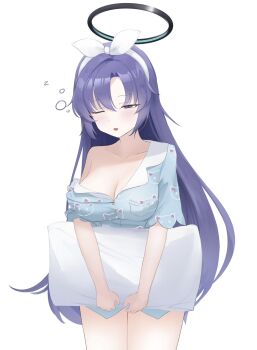 1girl animal_print black_halo blue_archive blue_eyes blue_pajamas blush bow breasts cat_print cleavage collarbone commentary_request cowboy_shot hair_between_eyes hair_bow hairband half-closed_eye halo highres holding holding_pillow korean_commentary large_breasts long_hair mako_draw01 mechanical_halo official_alternate_costume official_alternate_hairstyle one_eye_closed open_mouth pajamas pillow print_pajamas purple_hair short_sleeves single_bare_shoulder sleepy solo squeans straight_hair very_long_hair white_bow white_hairband yuuka_(blue_archive) yuuka_(pajamas)_(blue_archive) zzz