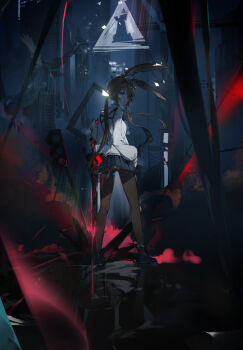 1girl amiya_(arknights) animal_ears arknights black_pantyhose blue_eyes blue_skirt brown_hair commentary_request highres koda24 long_hair looking_at_viewer looking_back pantyhose rabbit_ears rabbit_girl skirt solo sweater thighs