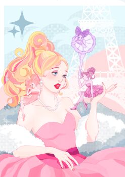 4girls barbie_(character) barbie_(franchise) barbie:_a_fashion_fairytale blonde_hair blue_eyes colored_skin dress earrings eiffel_tower fairy glimmer_(barbie) highres jewelry lifting_person multicolored_hair multiple_girls nail_art nail_polish necklace paris pearl_necklace pimientosdulces pink_dress pink_hair ponytail purple_hair shimmer_(barbie) shyne_(barbie) sitting_on_hand sitting_on_shoulder standing_on_another&#039;s_hand tiny