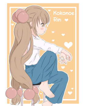 1girl arm_rest barefoot blue_pants blush_stickers brown_background brown_eyes brown_hair character_name commentary from_side hair_bobbles hair_ornament heart heart_background highres kodomo_no_jikan kokonoe_rin long_hair low-tied_long_hair nico_kobayashi pants shirt sitting smile solo sphere_hair_ornament stool twintails very_long_hair white_shirt