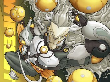 1boy banyue_(zenless_zone_zero) black_pants claws clothes_around_waist commentary english_commentary english_text grey_hair highres jacket jacket_around_waist kytalos looking_at_viewer male_focus orb pants robot tail topless_male zenless_zone_zero