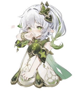 1girl absurdres bare_shoulders blush bracelet commentary_request covering_own_mouth cropped_legs detached_sleeves dress genshin_impact gold_trim gradient_hair green_eyes green_hair green_sleeves hair_between_eyes hair_ornament hand_over_own_mouth hand_up highres jewelry leaf_hair_ornament long_hair multicolored_hair nahida_(genshin_impact) pointy_ears side_ponytail simple_background sleeveless sleeveless_dress solo sorani_(kaeru0768) star-shaped_pupils star_(symbol) symbol-shaped_pupils white_background white_dress white_hair