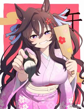 1girl absurdres animal_ears blue_eyes blush breasts brown_hair calligraphy_brush commentary_request floral_print floral_print_kimono flower hair_between_eyes hair_flower hair_ornament hair_ribbon highres holding holding_brush holding_paddle horse_ears horse_girl horse_tail japanese_clothes kimono large_breasts long_hair looking_at_viewer mole mole_under_eye multicolored_hair obi open_mouth paddle paintbrush pink_kimono print_kimono ribbon sash smile solo streaked_hair tail teeth terumasa_(amanoy) umamusume vivlos_(umamusume)
