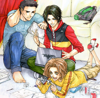 3boys backpack bag bandaid barefoot bart_allen bat_(symbol) batman_(series) black_hair blue_eyes brown_hair can computer dc_comics denim flash_(series) hood hoodie jeans kon-el laptop male_focus multiple_boys nintendo notebook on_floor origami pants paper pen pencil plate sitting smile socks superboy superman_(series) tim_drake yellow_eyes young_justice