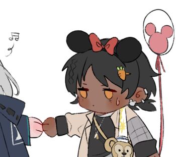 1boy 1girl animal_bag animal_ear_hairband animal_earrings animal_ears arknights asymmetrical_sleeves bag balloon black_hair black_hairband black_shirt blue_coat bow carrot_hair_ornament chibi closed_mouth coat coat_on_shoulders coattails collared_coat cowboy_shot dark-skinned_male dark_skin disney doctor_(arknights) dog_tags ear_piercing eyelashes fake_animal_ears female_doctor_(arknights) food-themed_hair_ornament grey_hair grey_pants hair_ornament hairband hairclip hat holding holding_balloon holding_hands hood hood_down hooded_coat layered_sleeves light_blush long_sleeves male_focus minnie_mouse_ears monkey musical_note open_clothes open_coat pants piercing ponytail red_bow ribbon-trimmed_hood sailor_hat shirt short_hair short_over_long_sleeves short_ponytail short_sleeves shoulder_bag simple_background solo_focus sweatdrop taketorikyouko thorns_(arknights) white_background white_coat white_hat white_shirt yellow_eyes