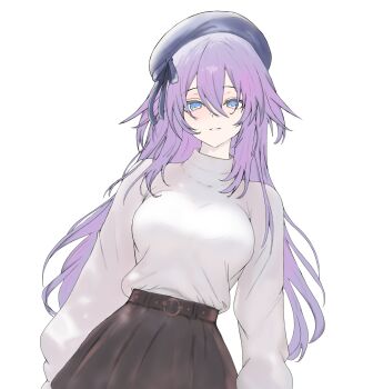 1girl absurdres beret blue_eyes breasts hair_between_eyes hat highres long_hair looking_at_viewer medium_breasts neptune_(series) open_mouth purple_hair purple_heart_(neptunia) shirt shirt_tucked_in simple_background skirt smile solo white_background white_shirt yoshi_mcswagger