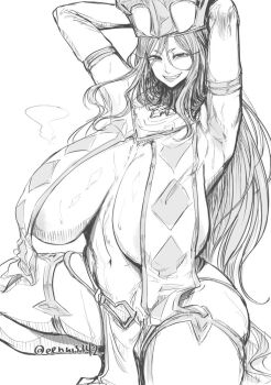 1girl anegawa_eiji breast_curtains breasts cleavage huge_breasts large_breasts long_hair mature_female naughty_face smile solo tensei_colosseum:_saijaku_skill_de_saikyou_no_onna-tachi_wo_kouryaku_shite_dorei_harem_tsukurimasu zayd