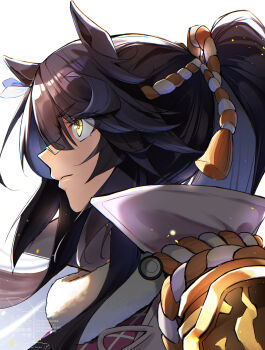 Rule 34 | 1girl, absurdres, animal ears, bandaid, bandaid on face, bandaid on nose, black hair, closed mouth, coat, commentary request, hair between eyes, highres, horse ears, horse girl, jacket, long hair, naegi happy, narita brian (maverick) (umamusume), narita brian (umamusume), ponytail, rope, shimenawa, simple background, solo, umamusume, upper body, white coat, yellow eyes