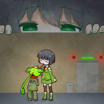 2girls ^_^ black_hair black_thighhighs bob_cut boots closed_eyes closed_mouth commentary_request detached_sleeves facing_away false_smile green_eyes green_footwear green_hair green_jacket green_skirt green_sleeves headpat height_difference high_heel_boots high_heels highres jacket kuron_(uhhr2odhrppc5nw) kyoumachi_seika long_hair long_sleeves looking_at_another low_ponytail multiple_girls multiple_views neck_warmer necktie patchwork_clothes peeking_out ponytail red_necktie short_hair skirt sleeveless sleeveless_jacket sliding_doors smile standing suit_jacket thighhighs very_long_hair voiceroid voicevox zundamon