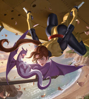 Rule 34 | 1girl, absurdres, ass, beach, belt, black bodysuit, blue sky, blurry, blurry background, bodysuit, boots, brown eyes, brown hair, commentary, dawn, dragon, dual wielding, english commentary, floating hair, gloves, gradient sky, highres, holding, holding sword, holding weapon, intangible, kitty pryde, leaf, lockheed, looking to the side, marvel, multicolored bodysuit, official art, orange sky, outdoors, ponytail, realistic, red belt, sky, superhero costume, sword, two-tone bodysuit, water, weapon, western comics (style), x-men, x-uniform, yellow bodysuit, yellow boots, yellow gloves, yoon junggeun