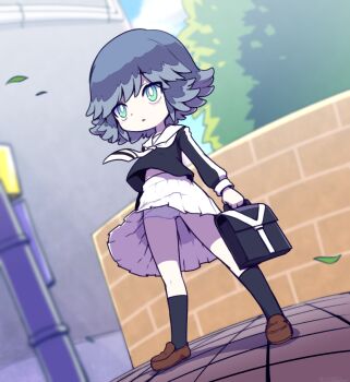 1girl :< aqua_eyes blue_hair blush clothes_lift dutch_angle himekawa_fubuki multicolored_hair nollety outdoors panties pantyshot pleated_skirt school_uniform serafuku short_hair skirt skirt_lift standing two-tone_hair underwear white_skirt wind youkai_watch