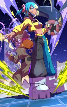 1boy 1girl aqua_hair bandeau beard black_mask blonde_hair blue_eyes boots breasts brown_jacket brown_pants canari_(pokemon) colored_sclera commentary_request criss-cross_straps dark-skinned_female dark_skin eel eelektross electricity facial_hair fangs fish gen_5_pokemon gloves helmet highres holding holding_poke_ball hood hoodie inana_umi jacket lamprey long_sleeves looking_at_viewer mask mask_pull mega_stone midriff mouth_mask multicolored_hair navel nintendo old old_man pants poke_ball pokemon pokemon_(creature) pokemon_legends:_z-a quick_ball red_sclera short_twintails split-color_clothes split-color_hair sports_bra tarragon_(pokemon) twintails two-tone_hair two-tone_mask two-tone_pants white_boots white_gloves yellow_bandeau yellow_hoodie yellow_jacket yellow_mask yellow_sports_bra