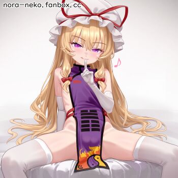 1girl :q bare_shoulders bed_sheet blonde_hair bow closed_mouth commentary_request commission cowboy_shot elbow_gloves fanbox_username finger_to_mouth flat_chest gloves hair_between_eyes hair_bow hat highres index_finger_raised licking_lips loli long_hair looking_at_viewer mob_cap musical_note nora_neko_(fjya7473) paid_reward_available pelvic_curtain purple_eyes purple_tabard red_bow seductive_smile shushing sitting skindentation smile solo spread_legs tabard thighhighs tongue tongue_out touhou tsurime very_long_hair watermark web_address white_gloves white_hat white_thighhighs yakumo_yukari yakumo_yukari_(young) yin_yang yin_yang_print