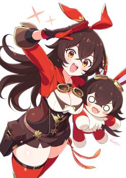 1girl :d amber_(genshin_impact) arm_up baron_bunny_(genshin_impact) blush breasts brown_corset brown_hair brown_shorts corset cowboy_shot cropped_jacket crossed_bangs genshin_impact gloves goggles hair_between_eyes hairband highres jacket kamuraaa_615 long_hair medium_breasts open_mouth pouch red_hairband red_jacket red_thighhighs salute shorts simple_background smile sparkle teeth thighhighs two-tone_gloves upper_teeth_only vision_(genshin_impact) white_background yellow_eyes