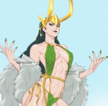 1girl black_hair breasts cape fake_horns fur-trimmed_cape fur_trim genderswap genderswap_(mtf) green_eyes highres horned_headwear horns kevin_raganit lady_loki large_breasts loki_(marvel) long_hair marvel marvel_rivals smile solo swimsuit thor_(marvel)_(series)